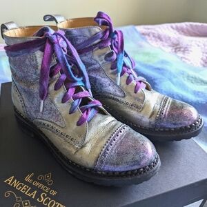 Office of Angela Scott Mr. Hardy Leather Boots Silver with Purple Glitter